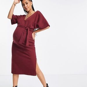 ASOS DESIGN Maternity Super Soft V-neck Belted Midi Sweater Dress in Merlot